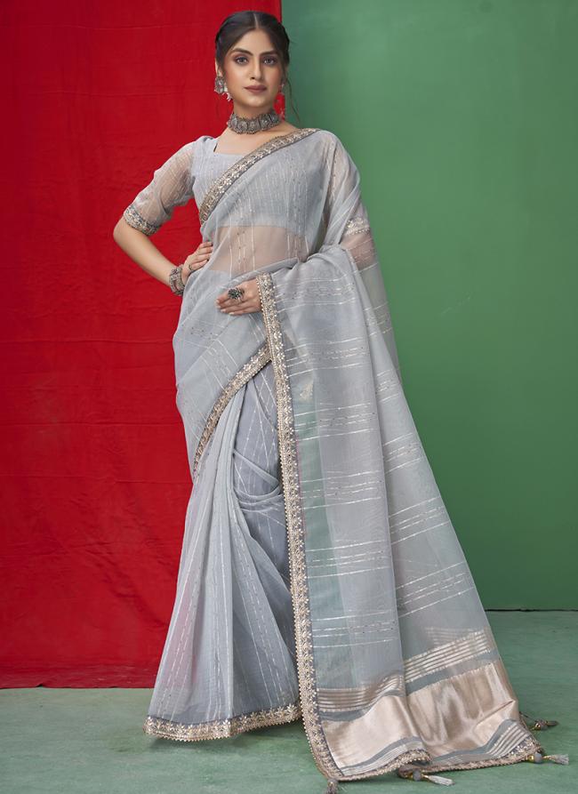 Organza Sky Blue Party Wear Sequins Work Saree